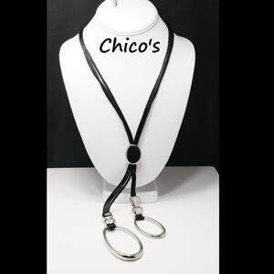 Chico's Black Cord Reflective Silver Loop Lariat Necklace, 20 Inches, Satin Cord